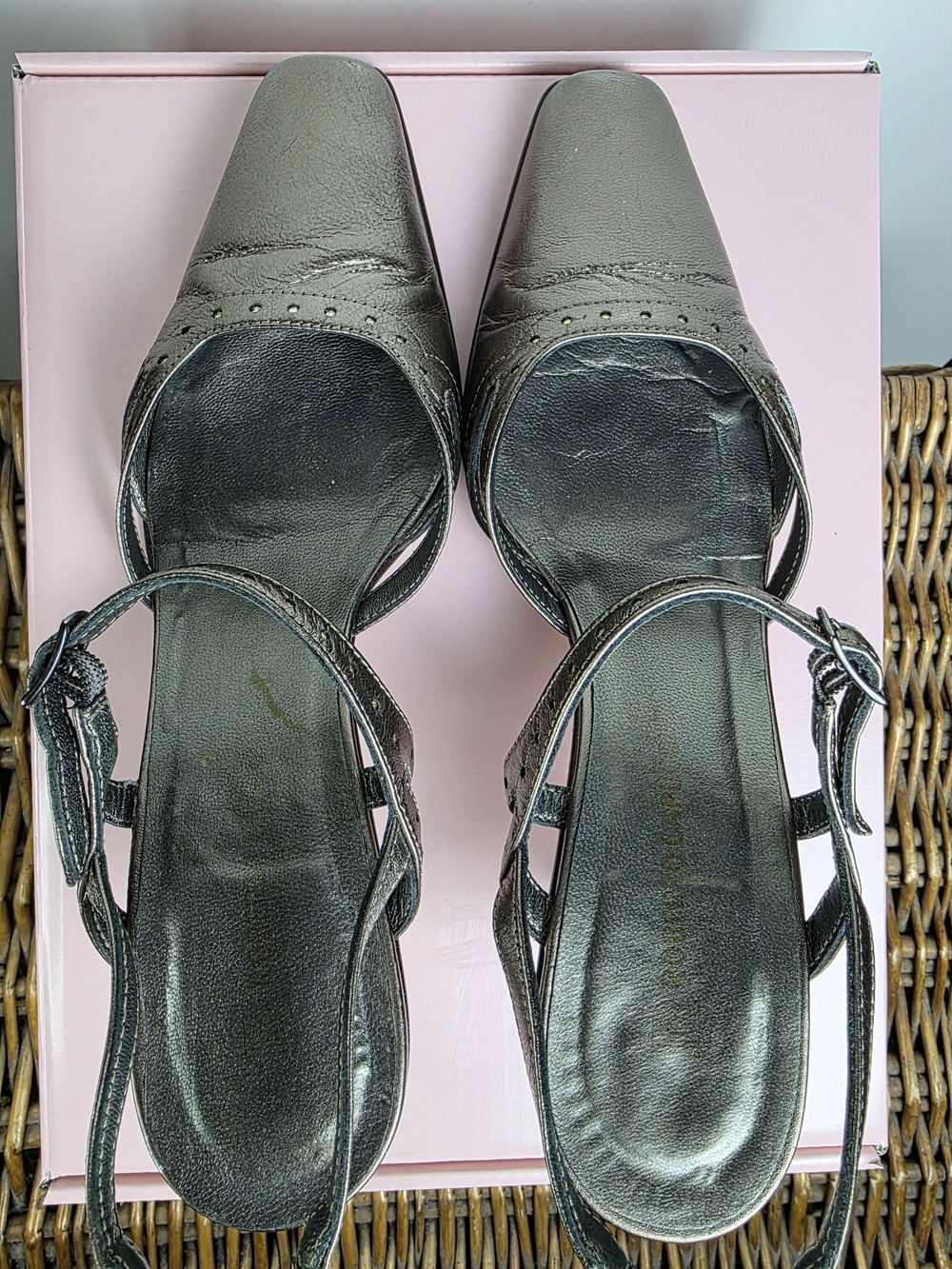Italian Leather Metallic Pewter Slingback Heels |Size 8 AA Narrow Y2K Square Toe - Picture 7 of 9